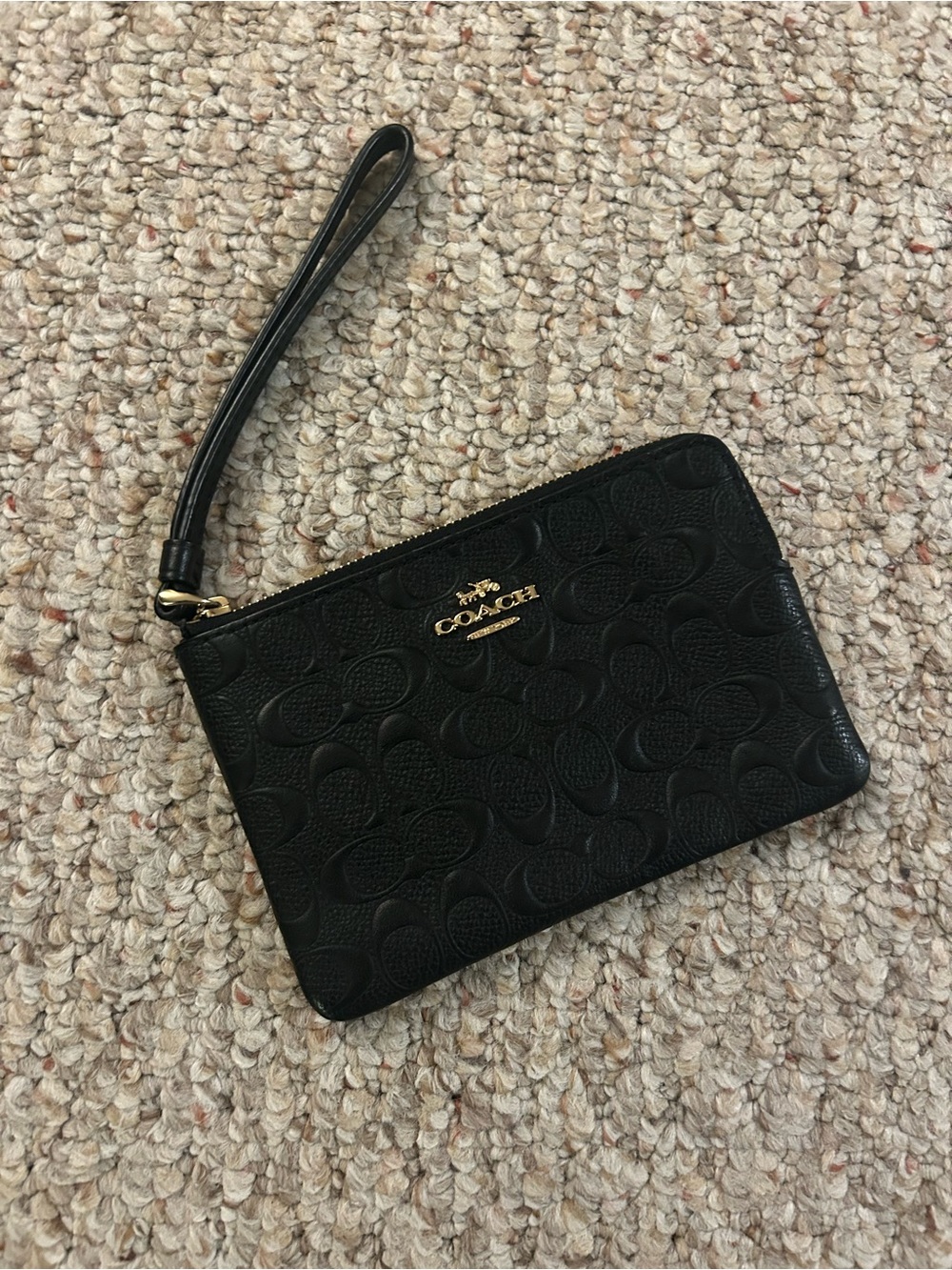 Coach Black Embossed Signature Wristlet with Gold Logo